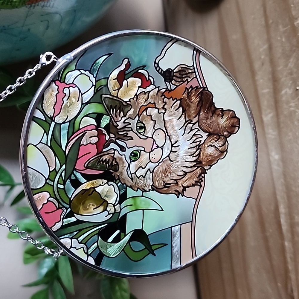 Vintage AMIA Stained Glass Cat Suncatcher